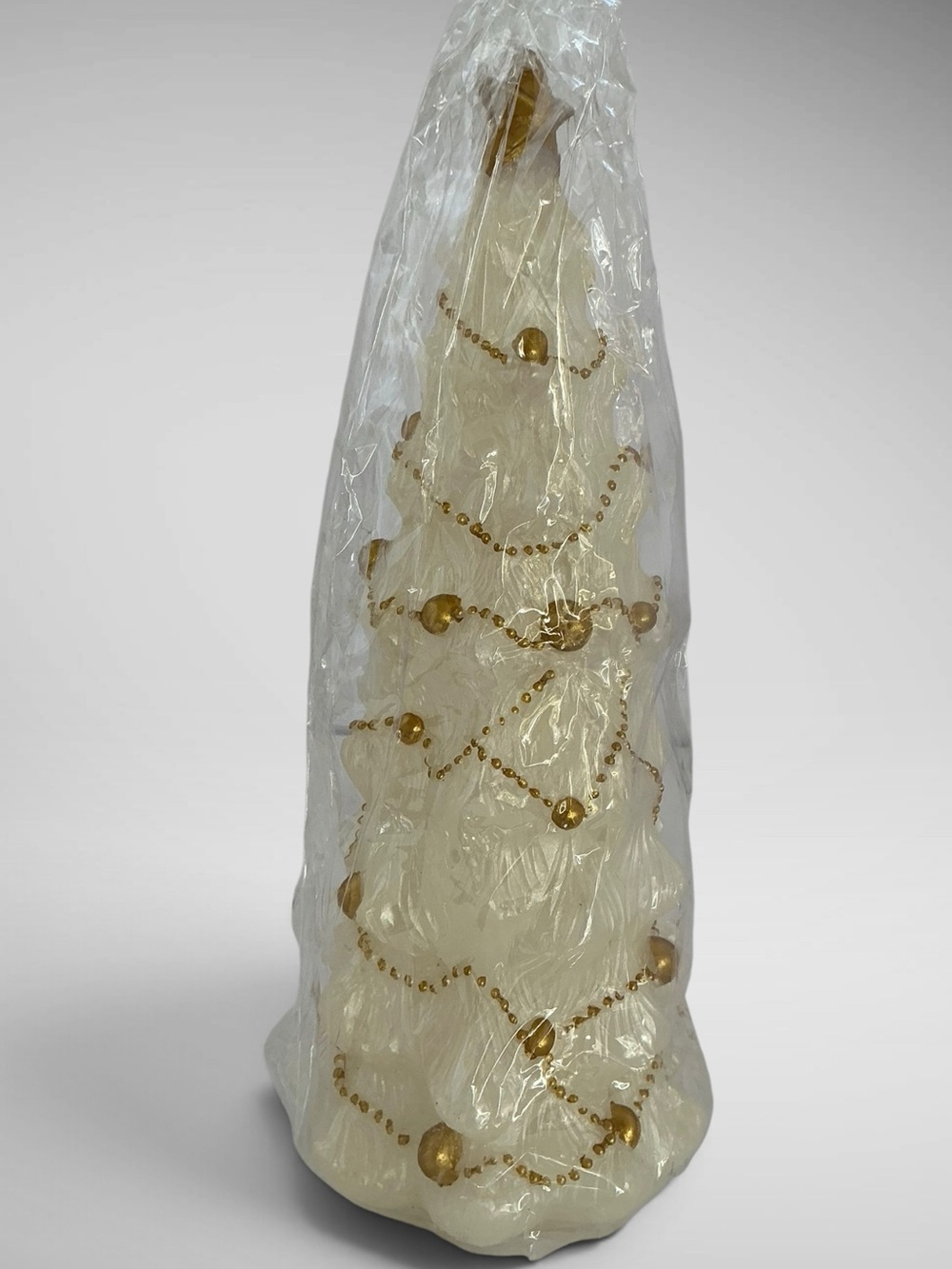 Vintage JCPenney Christmas Tree Candle White Gold Beaded 10” NEW